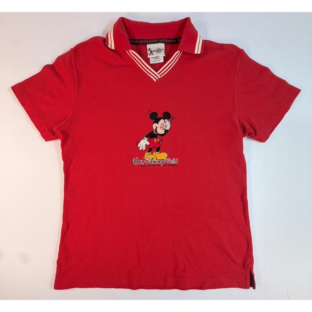 Walt Disney World Mickey Mouse Red Waffle Knit V-Neck Polo Shirt Medium